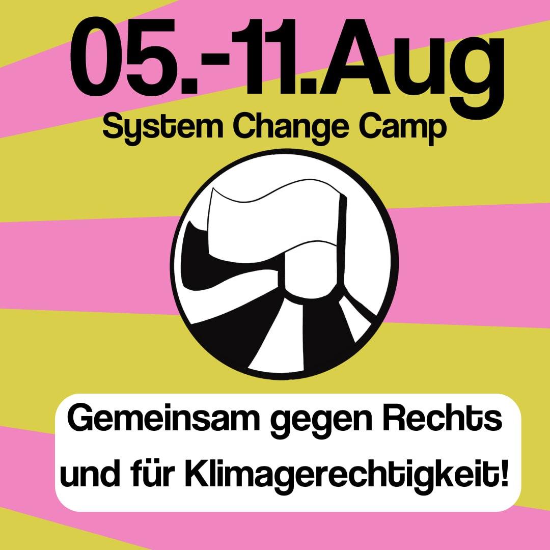Grafik zum Camp mit einem Bild von einer Fahne, die von einem Zelt weht, dazu die Schlagzeile "Gemeinsam gegen Rechts und für Klimagerechtigkeit!".