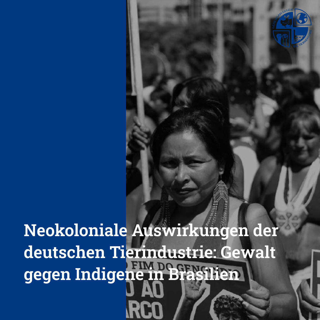 Das Bild zeigt einen Protestzug des Indigenous Women’s March in Brasilia. Dazu die Überschrift „Neokoloniale Auswirkungen der deutschen Tierindustrie: Gewalt gegen Indigene in Brasilien“