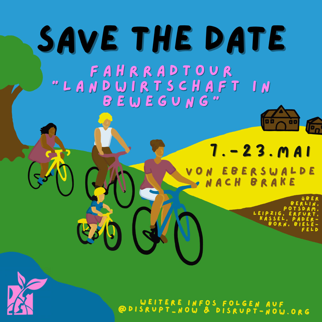 Grafik mit Menschen, die in der Natur Fahrrad fahren und Text "Save the Date" sowie weiteren im Text genannten Infos