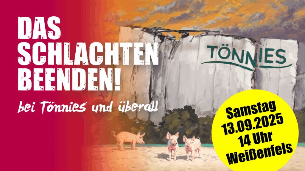 Demoplakat: Mit einem Bild von einem zerfallenen Schlachthof und frei laufenden Schweinen. Dazu der Schriftzug "Das Schlachten beenden bei Tönnies und überall"