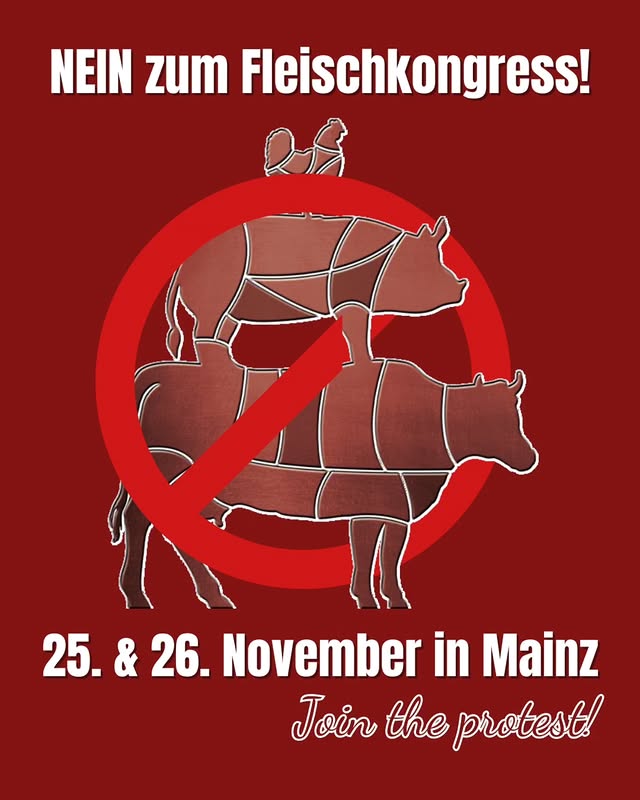 Einfache Grafik mit Verbotsschild und dem Text "Nein zum Fleischkongress! Join the protest!